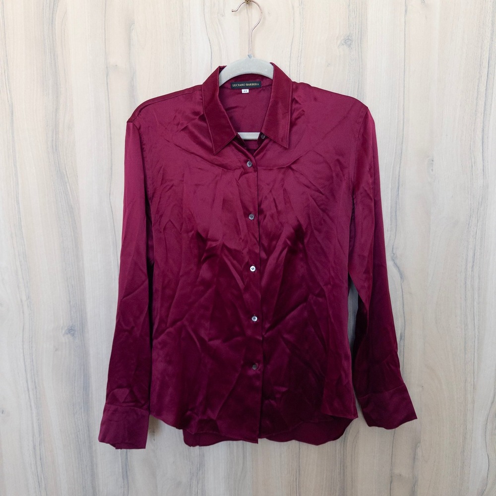 Luciano Barbera Womens Silk Shirt 44 Burgundy Long Sleeve Button Up Italy Luxury
